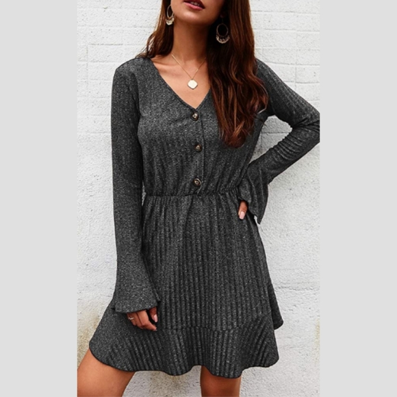 V Neck Casual Buttons Ruffle Long Sleeve Loose - Picture 6 of 8